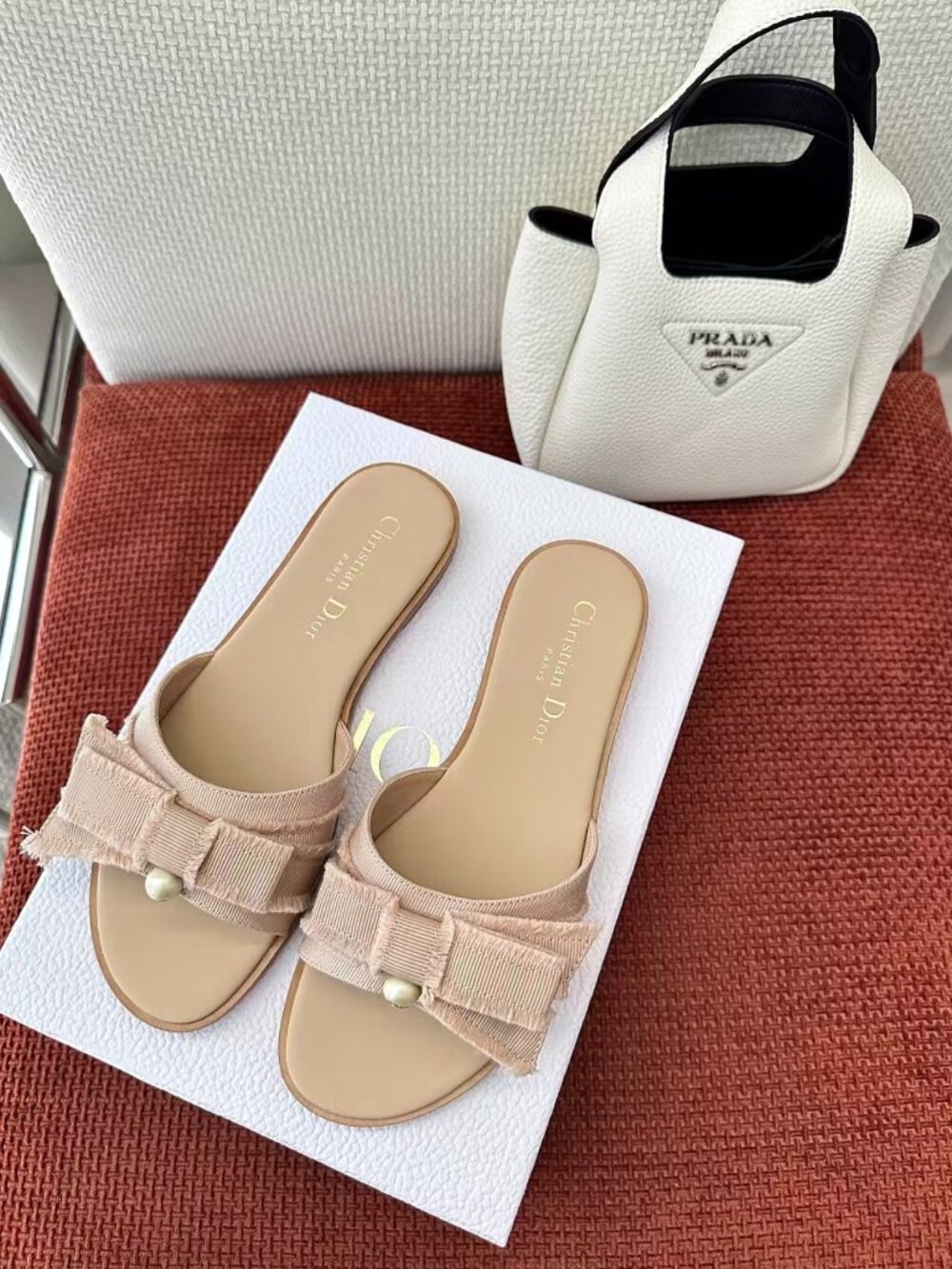 Christian Dior Beige Fabric Bow Pearl Open Toe Flat Slide Sandals Women